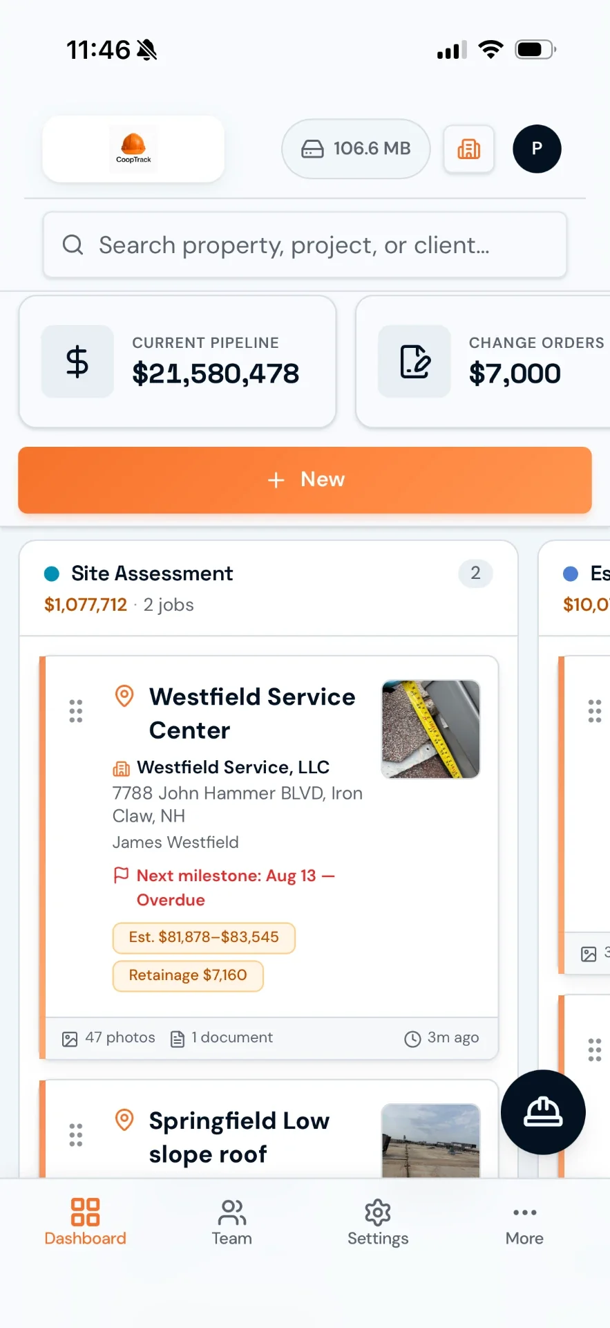 CoopTrack mobile dashboard with project stages and jobsite photos